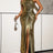 AOMEIDRESS Gold Bodycon Slit Dress Wrinkles One Shoulder Sleeveless - Gold / S