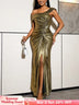 AOMEIDRESS Gold Bodycon Slit Dress Wrinkles One Shoulder Sleeveless - Gold / S
