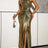 AOMEIDRESS Gold Bodycon Slit Dress Wrinkles One Shoulder Sleeveless - Gold / S