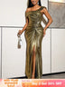 AOMEIDRESS Gold Bodycon Slit Dress Wrinkles One Shoulder Sleeveless - Gold / S