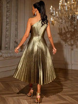 AOMEIDRESS Gold One Shoulder A Line Pleated Dress Ruffle Party Gowns