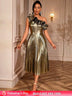 AOMEIDRESS Gold One Shoulder A Line Pleated Dress Ruffle Party Gowns Gold / S
