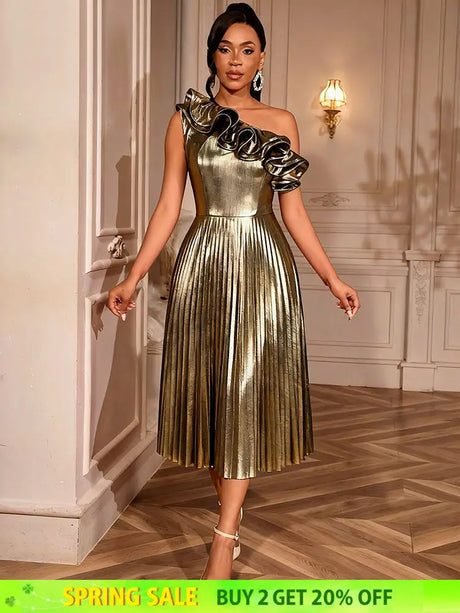 AOMEIDRESS Gold One Shoulder A Line Pleated Dress Ruffle Party Gowns Gold / S