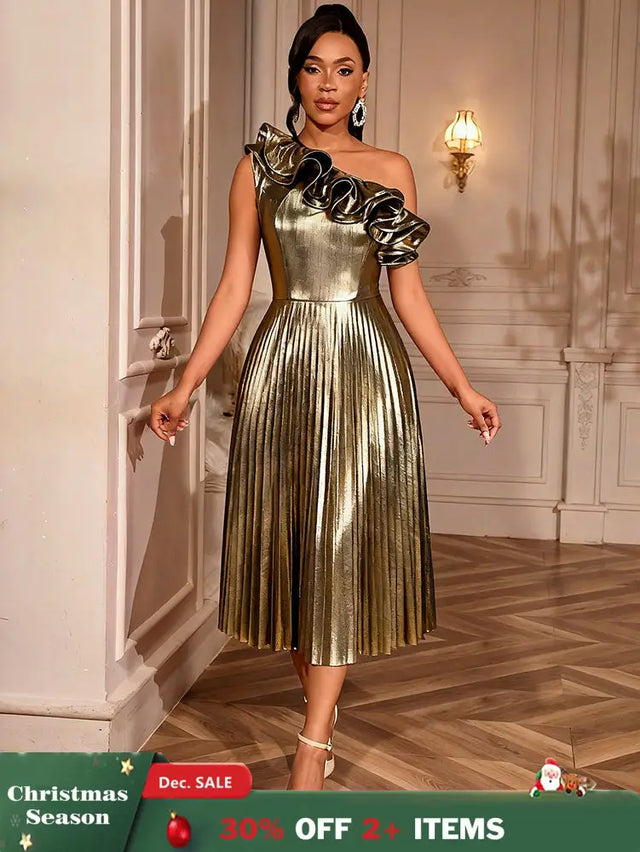 AOMEIDRESS Gold One Shoulder A Line Pleated Dress Ruffle Party Gowns Gold / S