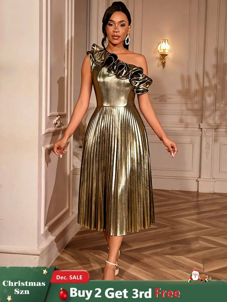 AOMEIDRESS Gold One Shoulder A Line Pleated Dress Ruffle Party Gowns Gold / S