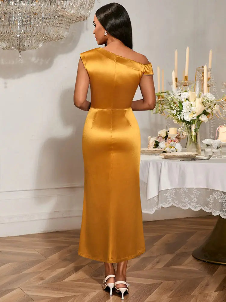 AOMEIDRESS Gold One Shoulder Satin Dress 3D Flower Party Gowns