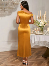AOMEIDRESS Gold One Shoulder Satin Dress 3D Flower Party Gowns
