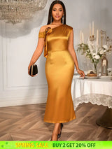 AOMEIDRESS Gold One Shoulder Satin Dress 3D Flower Party Gowns Brown / S