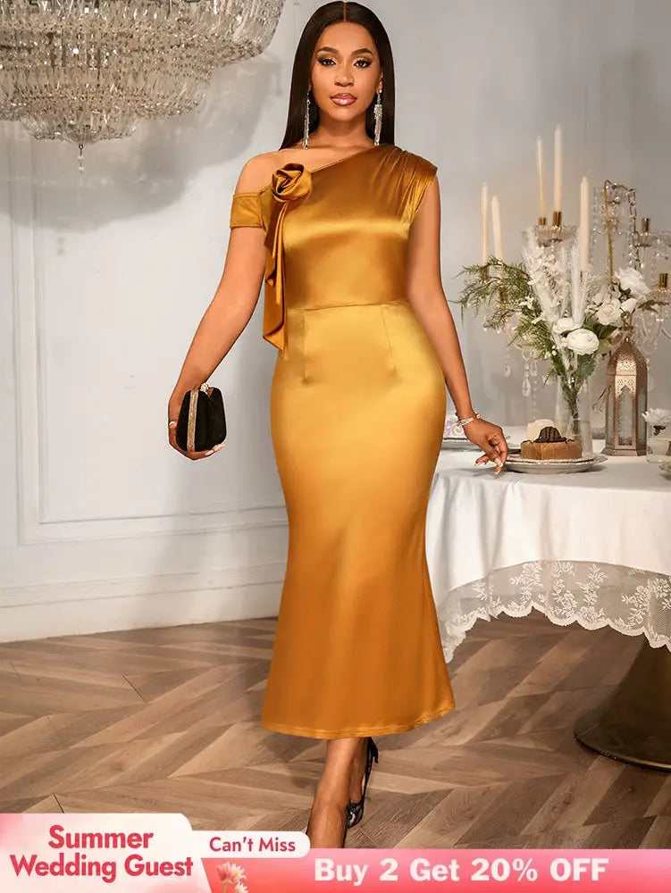 AOMEIDRESS Gold One Shoulder Satin Dress 3D Flower Party Gowns Brown / S