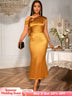 AOMEIDRESS Gold One Shoulder Satin Dress 3D Flower Party Gowns Brown / S