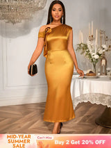 AOMEIDRESS Gold One Shoulder Satin Dress 3D Flower Party Gowns Brown / S