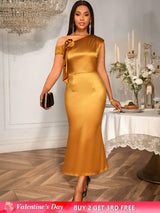 AOMEIDRESS Gold One Shoulder Satin Dress 3D Flower Party Gowns Brown / S