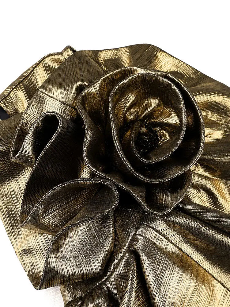 AOMEIDRESS Gold Pleated One Shoulder Party Dress with Ruffled Flower