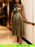 AOMEIDRESS Gold Pleated One Shoulder Party Dress with Ruffled Flower Gold / S