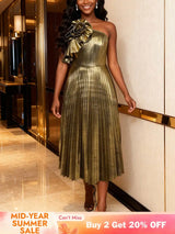 AOMEIDRESS Gold Pleated One Shoulder Party Dress with Ruffled Flower Gold / S