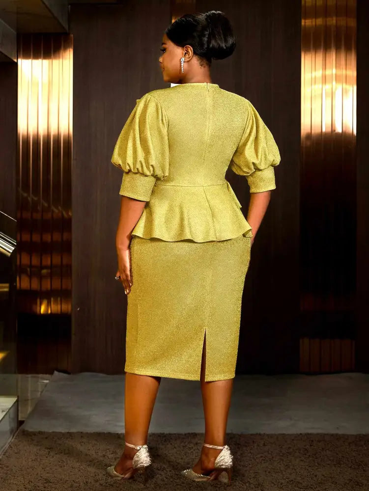 AOMEIDRESS Gold Ruffle Bow Puff Sleeve Party Dress for Spring Wedding

