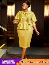 AOMEIDRESS Gold Ruffle Bow Puff Sleeve Round Neck Party Dress

