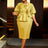 AOMEIDRESS Gold Ruffle Bow Puff Sleeve Round Neck Party Dress


