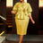 AOMEIDRESS Gold Ruffle Bow Puff Sleeve Round Neck Party Dress

