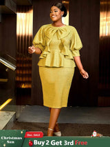 AOMEIDRESS Gold Ruffle Bow Puff Sleeve Round Neck Party Dress

