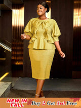 AOMEIDRESS Gold Ruffle Bow Puff Sleeve Round Neck Party Dress

