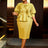 AOMEIDRESS Gold Ruffle Bow Puff Sleeve Round Neck Party Dress

