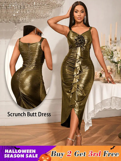 AOMEIDRESS Gold Ruffle Scrunch Butt Dress With 3D Flower For Weddings Gold / S