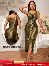 AOMEIDRESS Gold Ruffle Scrunch Butt Dress With 3D Flower For Weddings Gold / S