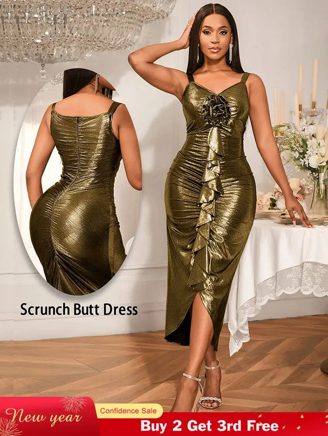 AOMEIDRESS Gold Ruffle Scrunch Butt Dress With 3D Flower For Weddings Gold / S