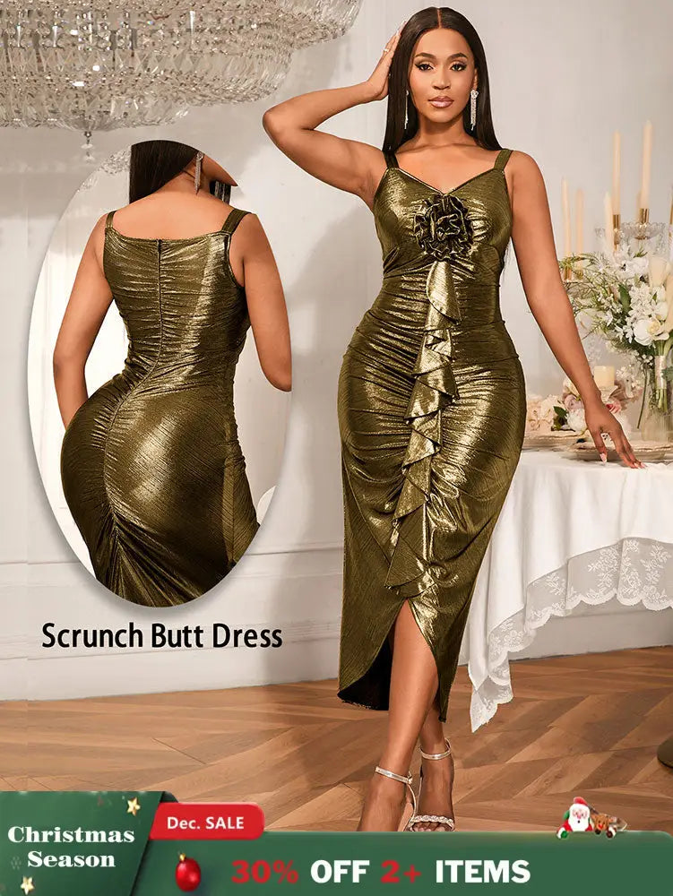 AOMEIDRESS Gold Ruffle Scrunch Butt Dress With 3D Flower For Weddings Gold / S