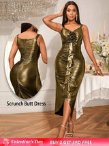 AOMEIDRESS Gold Ruffle Scrunch Butt Dress With 3D Flower For Weddings Gold / S