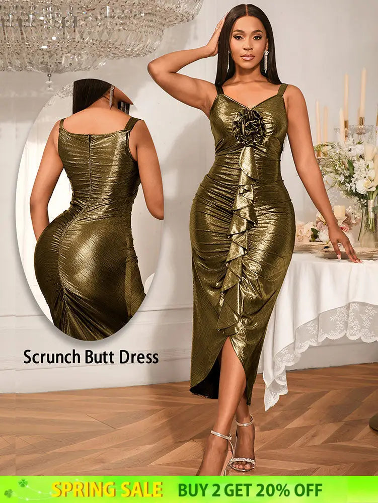 AOMEIDRESS Gold Ruffle Scrunch Butt Dress With 3D Flower For Weddings Gold / S