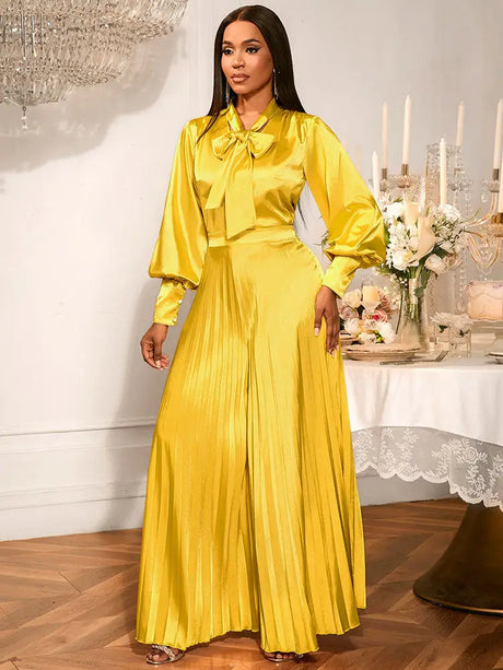 AOMEIDRESS Gold Two Pieces Set Bow Shirt With Pleated Pants For Party