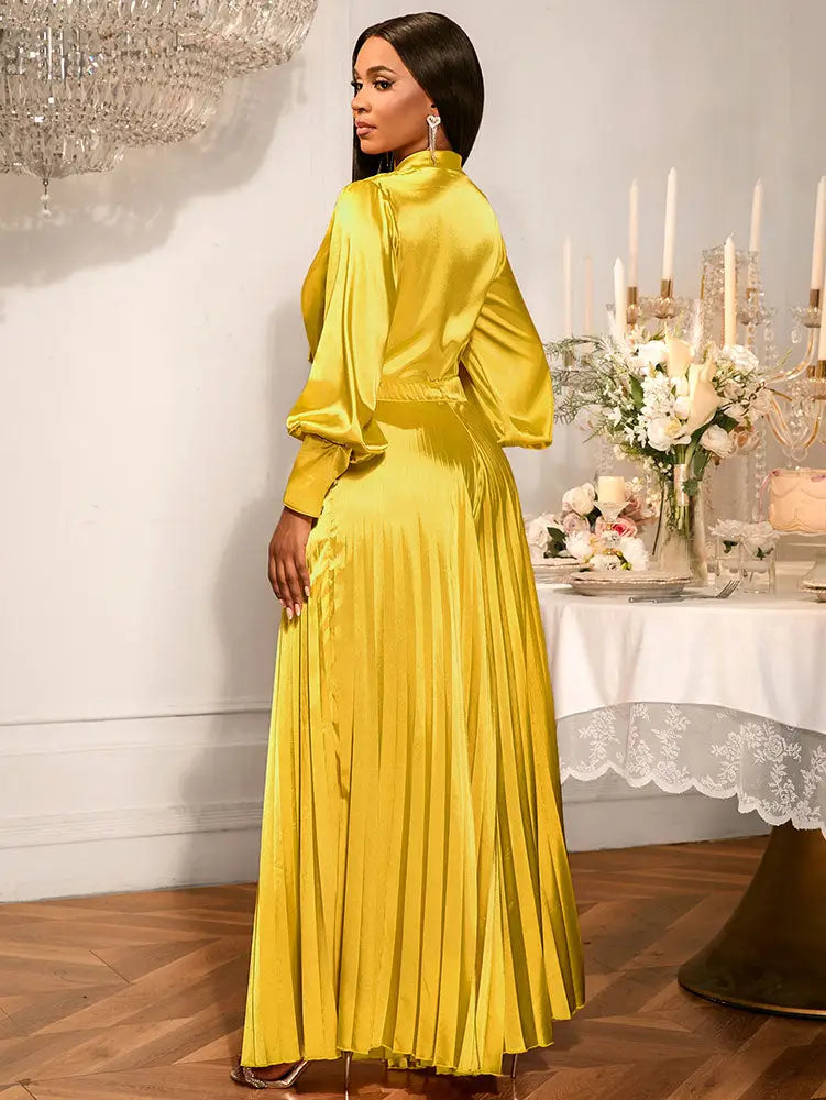 AOMEIDRESS Gold Two Pieces Set Bow Shirt With Pleated Pants For Party