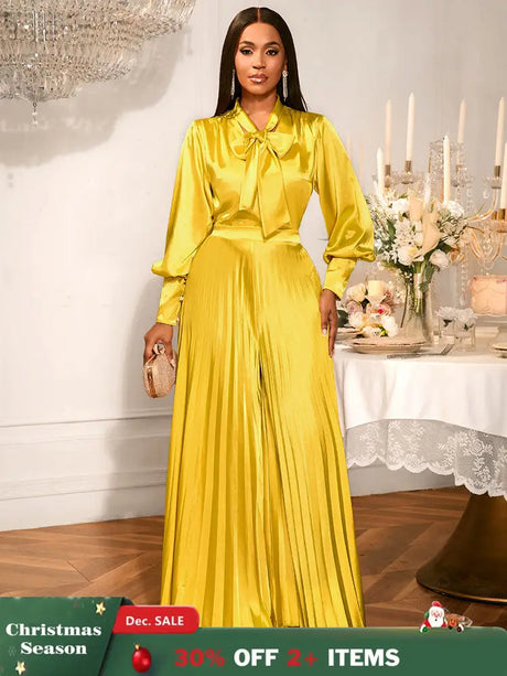 AOMEIDRESS Gold Two Pieces Set Bow Shirt With Pleated Pants For Party Gold / S