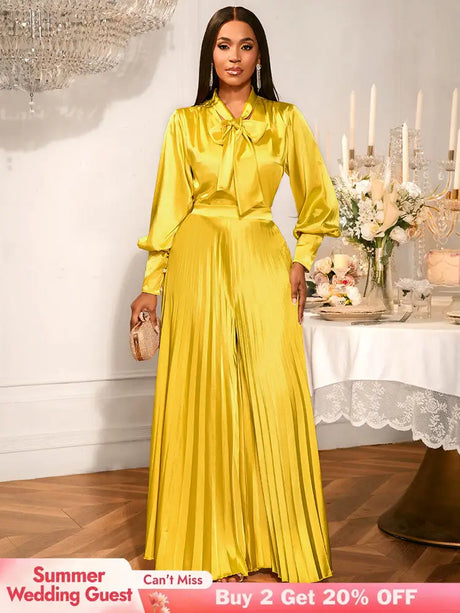 AOMEIDRESS Gold Two Pieces Set Bow Shirt With Pleated Pants For Party Gold / S