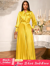 AOMEIDRESS Gold Two Pieces Set Bow Shirt With Pleated Pants For Party Gold / S