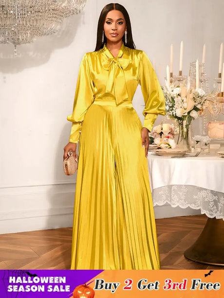 AOMEIDRESS Gold Two Pieces Set Bow Shirt With Pleated Pants For Party Gold / S