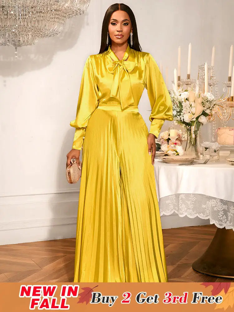 AOMEIDRESS Gold Two Pieces Set Bow Shirt With Pleated Pants For Party Gold / S