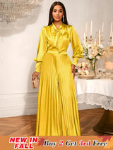 AOMEIDRESS Gold Two Pieces Set Bow Shirt With Pleated Pants For Party Gold / S