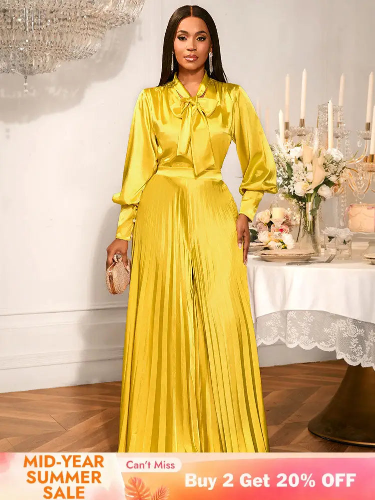 AOMEIDRESS Gold Two Pieces Set Bow Shirt With Pleated Pants For Party Gold / S