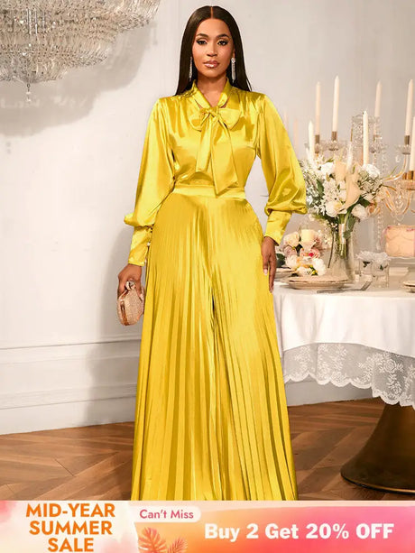 AOMEIDRESS Gold Two Pieces Set Bow Shirt With Pleated Pants For Party Gold / S