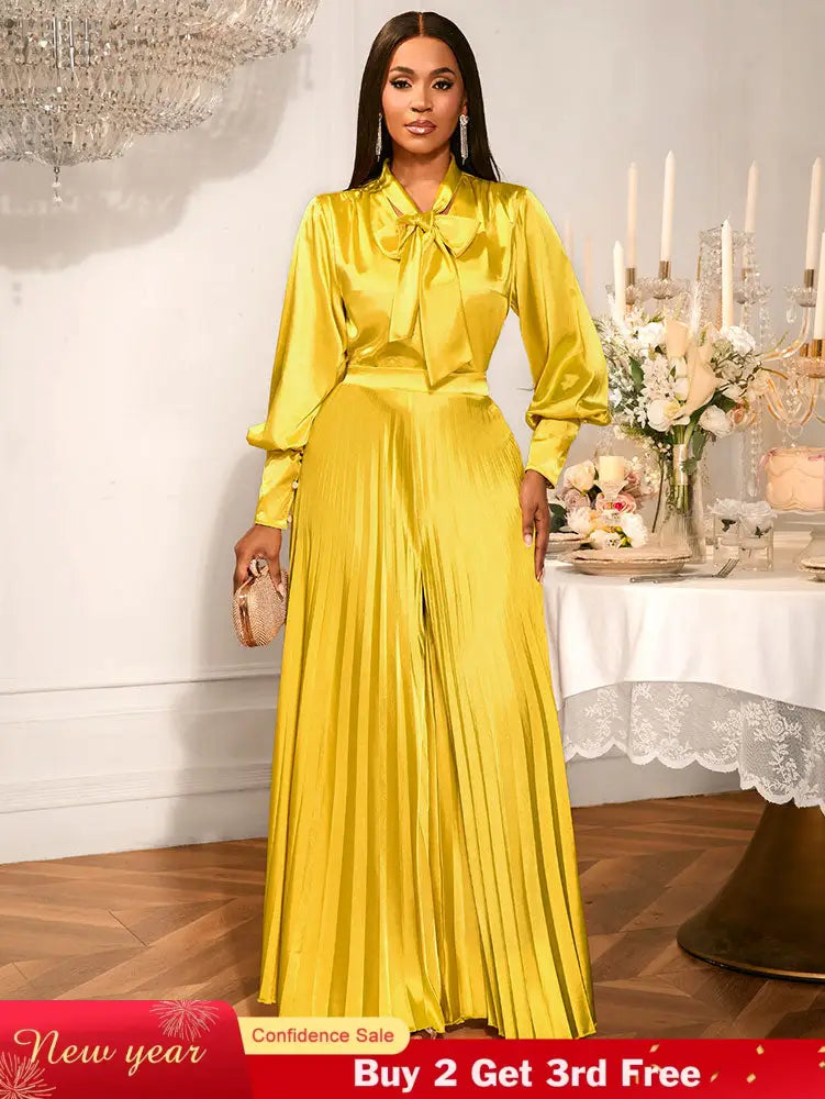 AOMEIDRESS Gold Two Pieces Set Bow Shirt With Pleated Pants For Party Gold / S