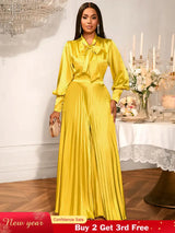 AOMEIDRESS Gold Two Pieces Set Bow Shirt With Pleated Pants For Party Gold / S