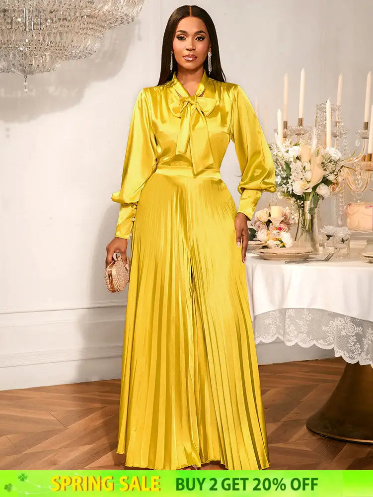 AOMEIDRESS Gold Two Pieces Set Bow Shirt With Pleated Pants For Party Gold / S