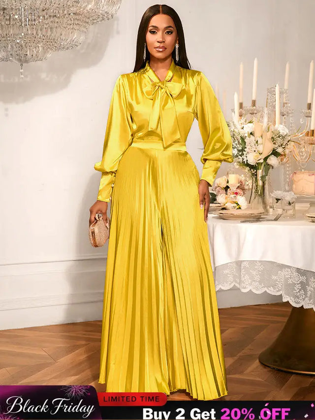 AOMEIDRESS Gold Two Pieces Set Bow Shirt With Pleated Pants For Party Gold / S