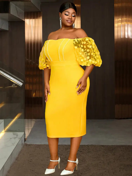 One Shoulder Gold Wedding Guest Dress with Floral Sleeves

