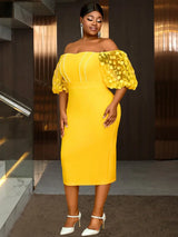 One Shoulder Gold Wedding Guest Dress with Floral Sleeves

