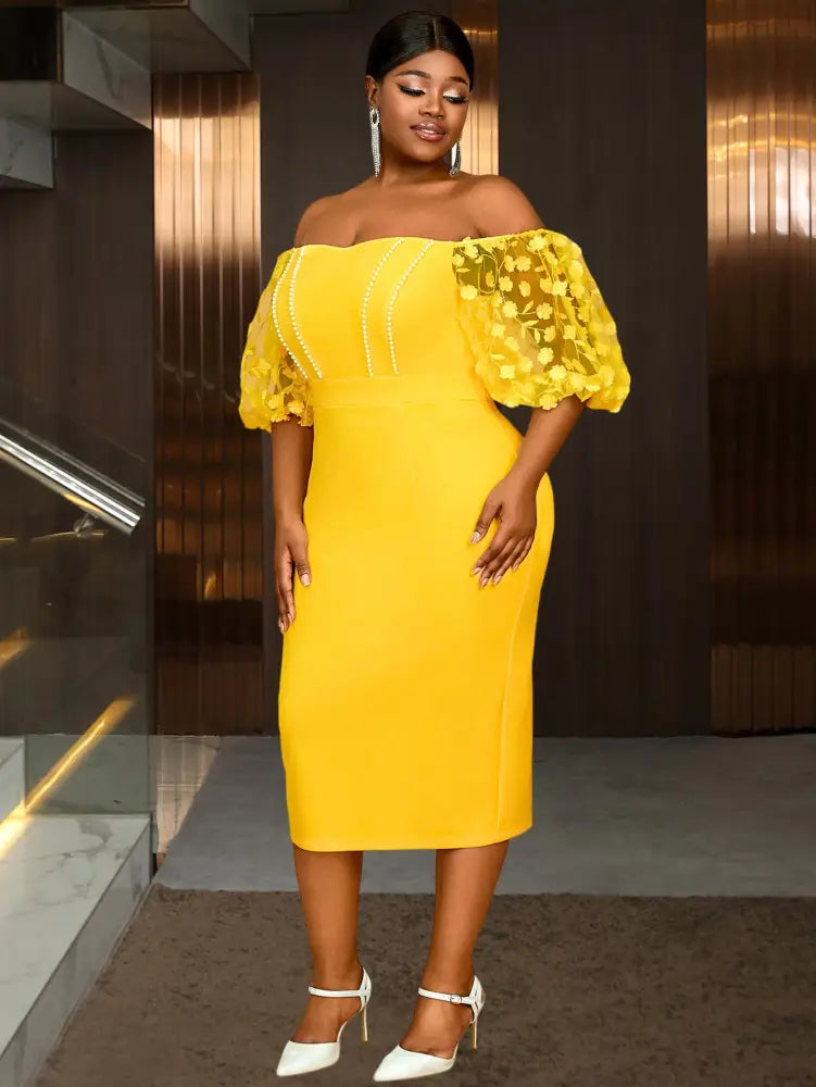 One Shoulder Gold Wedding Guest Dress with Floral Sleeves

