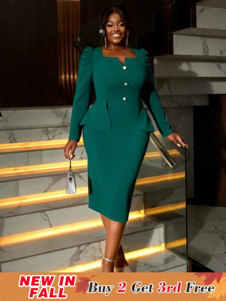 AOMEIDRESS Graceful Midi Dress V Neck Long Sleeves Button Ruffles Green / S